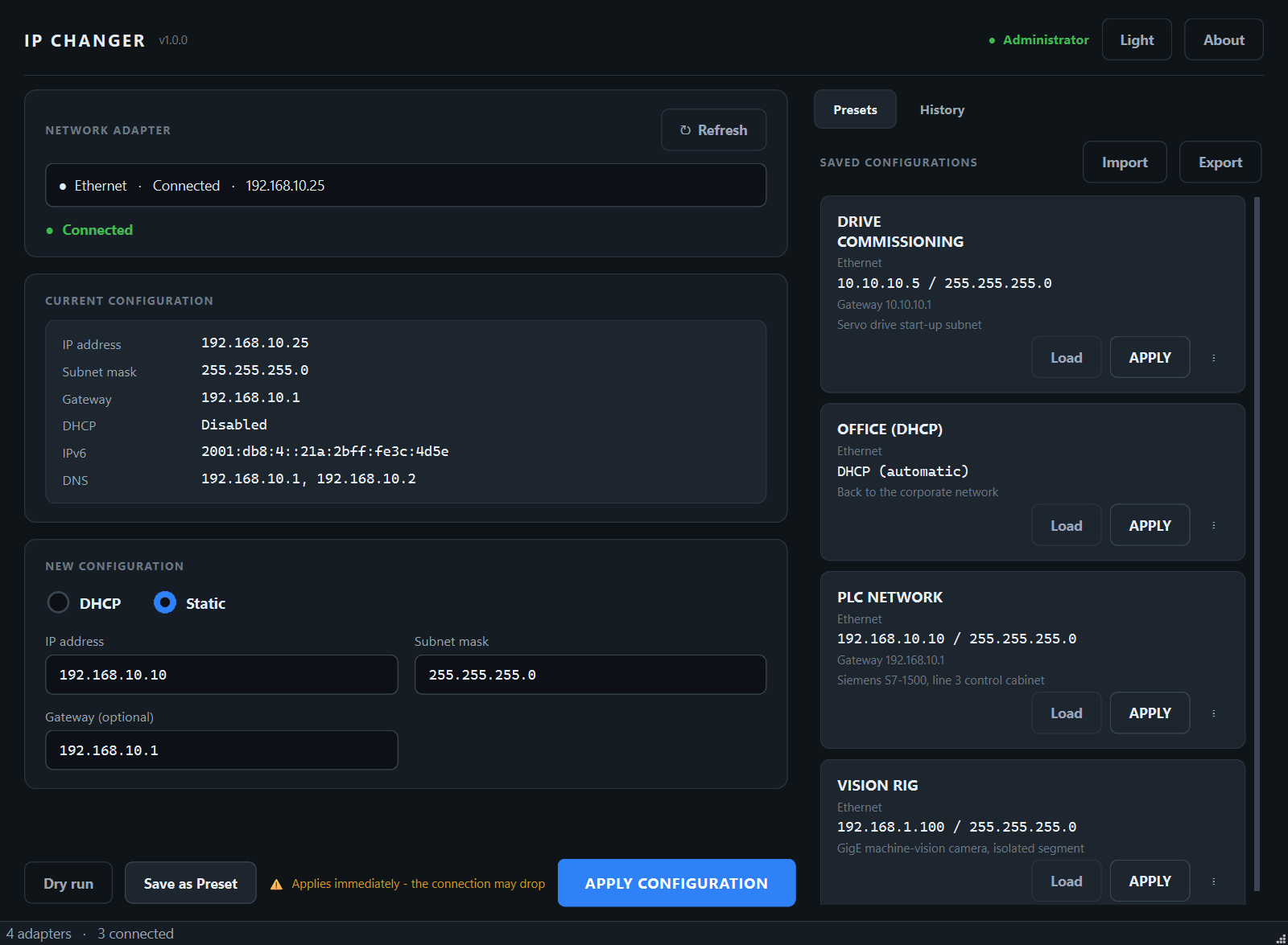 IP Changer main window — adapter, live configuration and commissioning presets