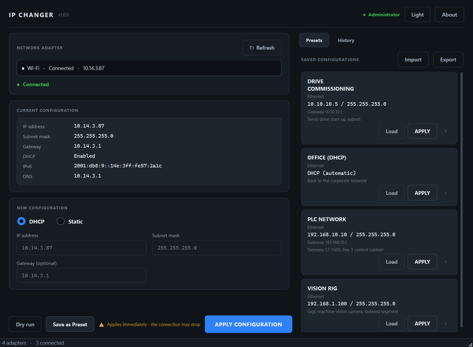 IP Changer switching a Wi-Fi adapter to DHCP