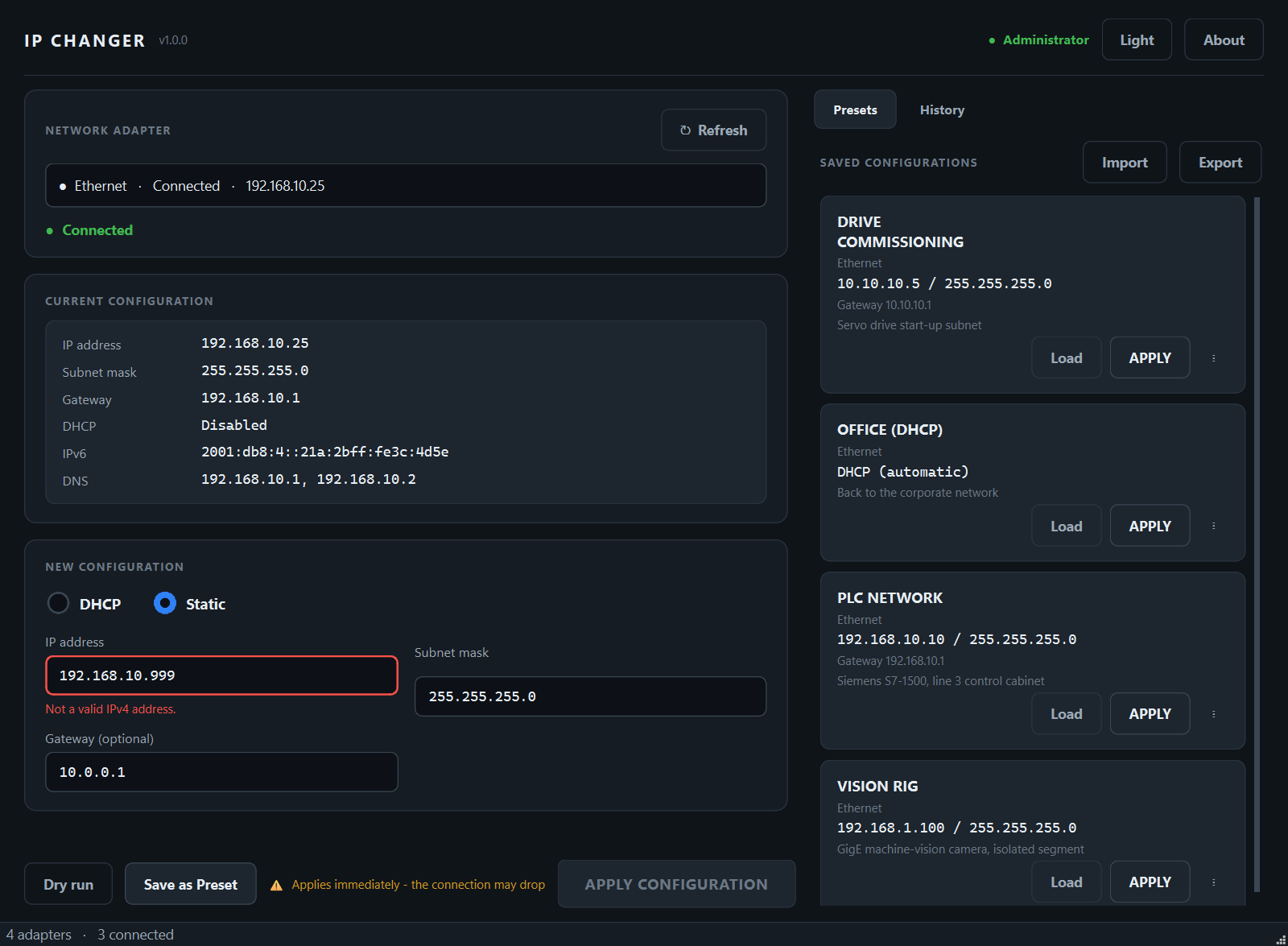 IP Changer catching an invalid IPv4 address before applying