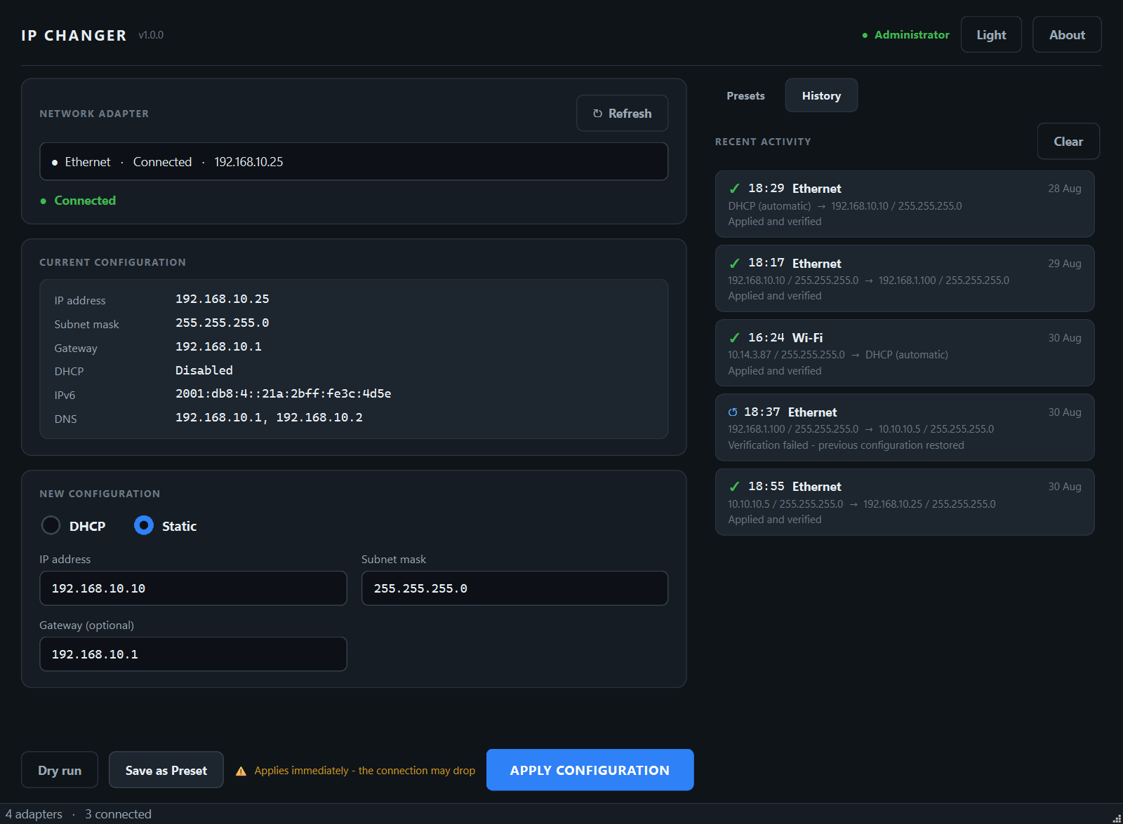 IP Changer history of applied and verified changes with rollback