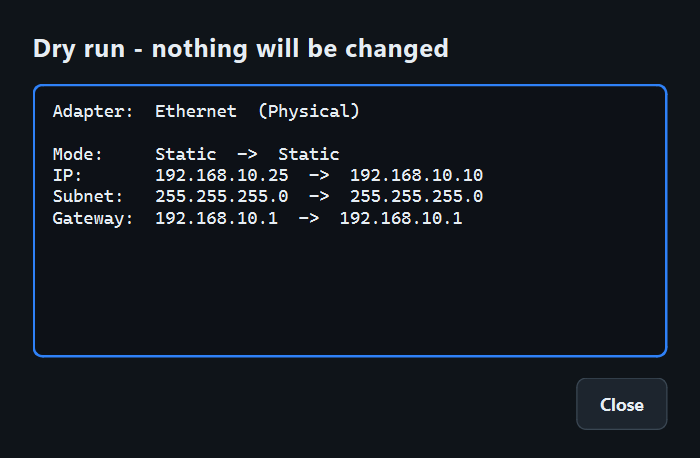 IP Changer dry run preview dialog