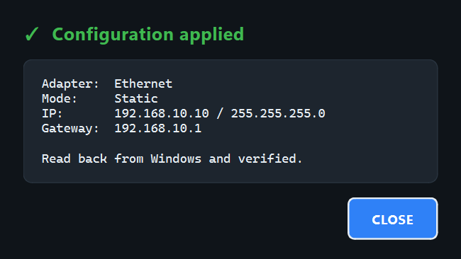 IP Changer result — configuration applied and verified against Windows